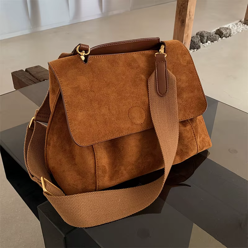 Sac à bandoulière en cuir suédé pour femmes, sacoche à bouton magnétique, grande capacité, fourre-tout en velours pour sortie de travail, usage quotidien