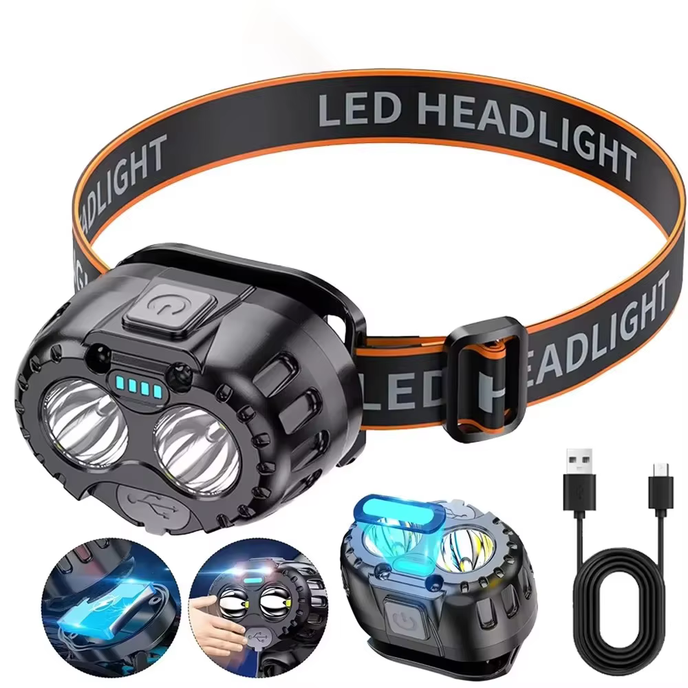Lampe frontale d'urgence avec capteur de mouvement, lampe frontale LED, chargeur USB, 250lm, XPE, pour la pêche en plein air