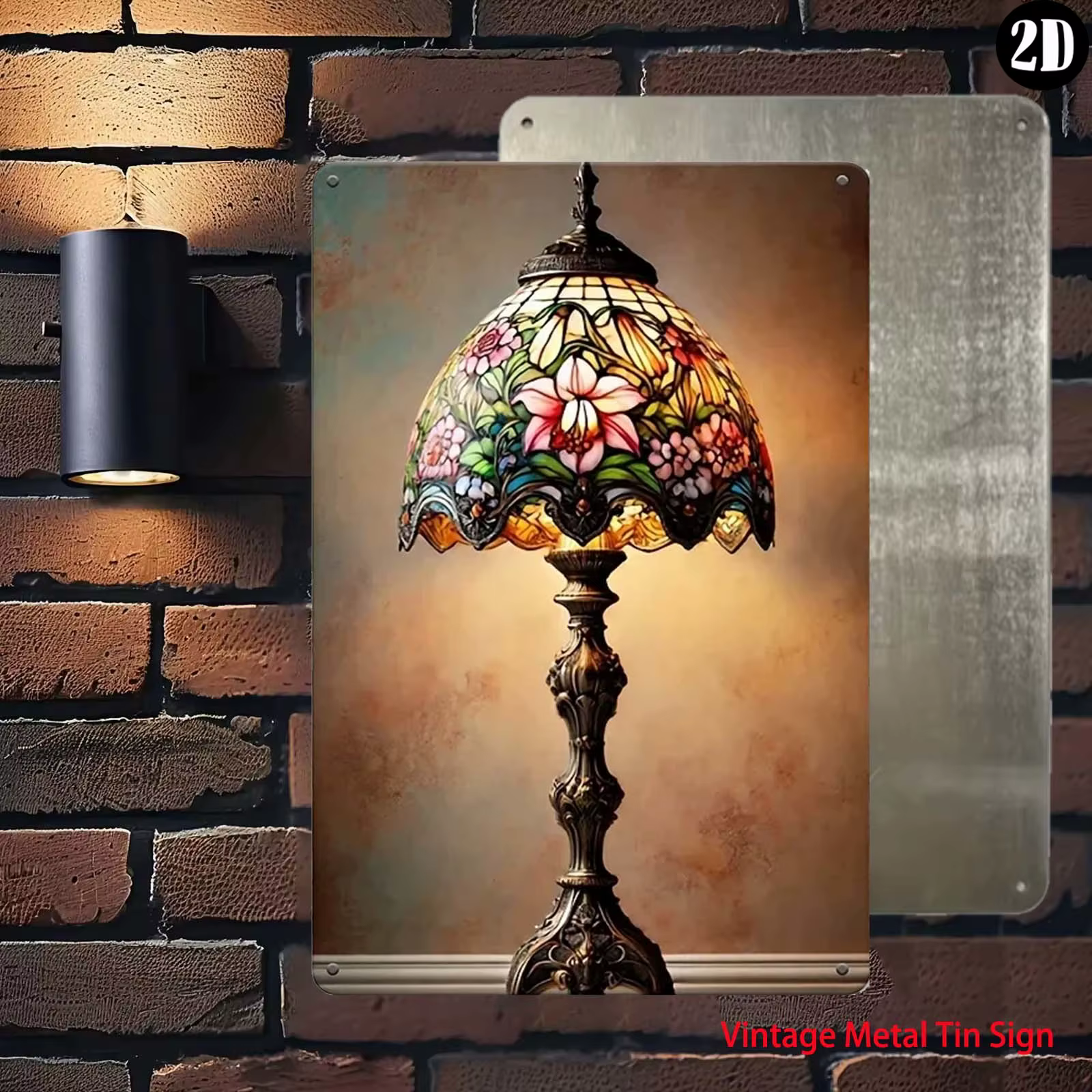 Panneau métallique décoratif style lampe Tiffany à motif floral vintage, impression artistique de lampe en vitrail rétro, décoration murale pour salon et chambre, plat 2D