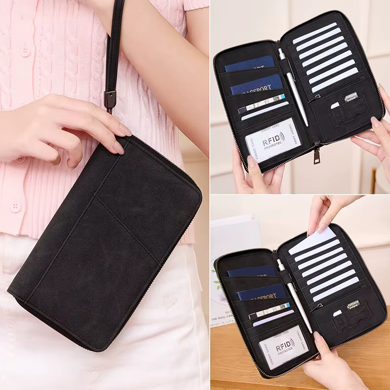 Porte-documents de voyage noir avec fermeture éclair longue, portefeuille de rangement pour billets, sac de rangement pour plusieurs passeports avec sangle de poignet TMZ, 1 pièce