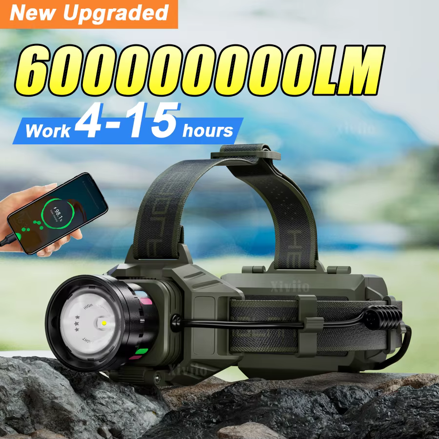 600000000LM lampe frontale Rechargeable phare LED très brillante avec feu arrière tête de pêche torche en alliage d'aluminium lumières extérieures
