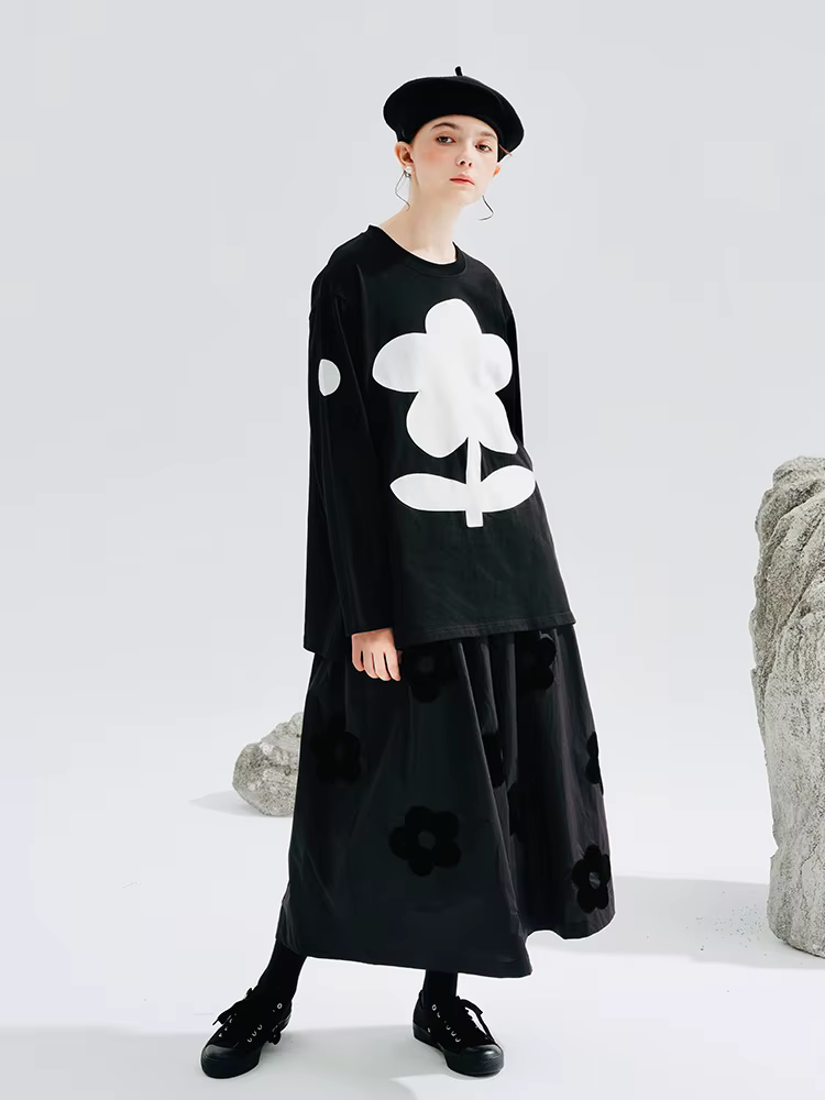 Jupe longue noire pour femmes, pantalon de style, broderie florale, sorties de week-end décontractées, ambiance élégante et mystérieuse, 234234