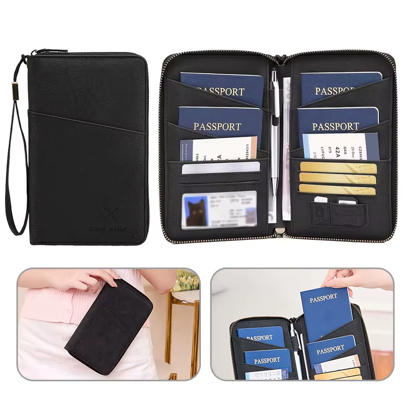 Porte-documents de voyage noir avec fermeture éclair longue, portefeuille de rangement pour billets, sac de rangement pour plusieurs passeports avec sangle de poignet TMZ, 1 pièce
