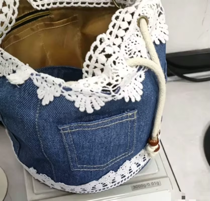 Sac seau en jean au crochet, tissé à la main, avec cordon de serrage, sac à main sous le bras, grand sac, style vintage, broderie florale, sac à bandoulière, Nouveauté 2026