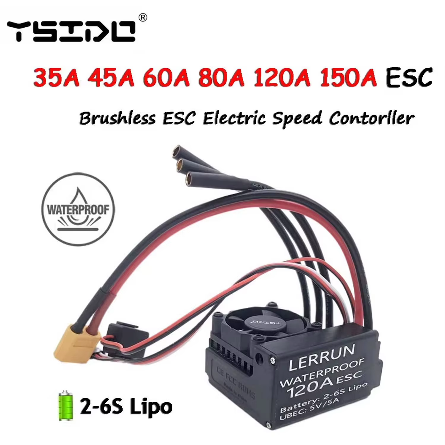 YSIDO LERRUN-Contrôleur de vitesse étanche ESC pour voiture RC, moteur sans balais, 35A, 45A, 60A, 80A, 120A, 150A, 1/8, 1/10, 1/12, 1/14, 1/16