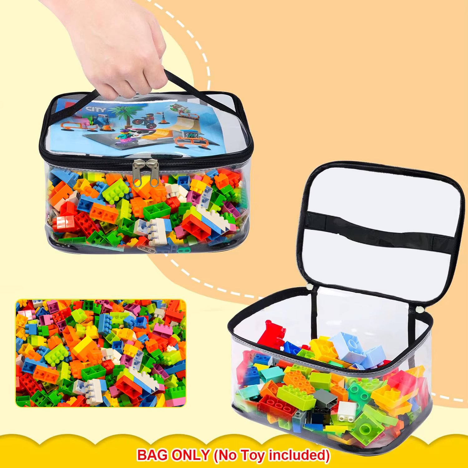 Sac de rangement transparent en maille avec fermeture éclair pour jouets, puzzle de grande capacité et évaluation de nuits, idéal pour le rangement des jouets et des nuits de construction