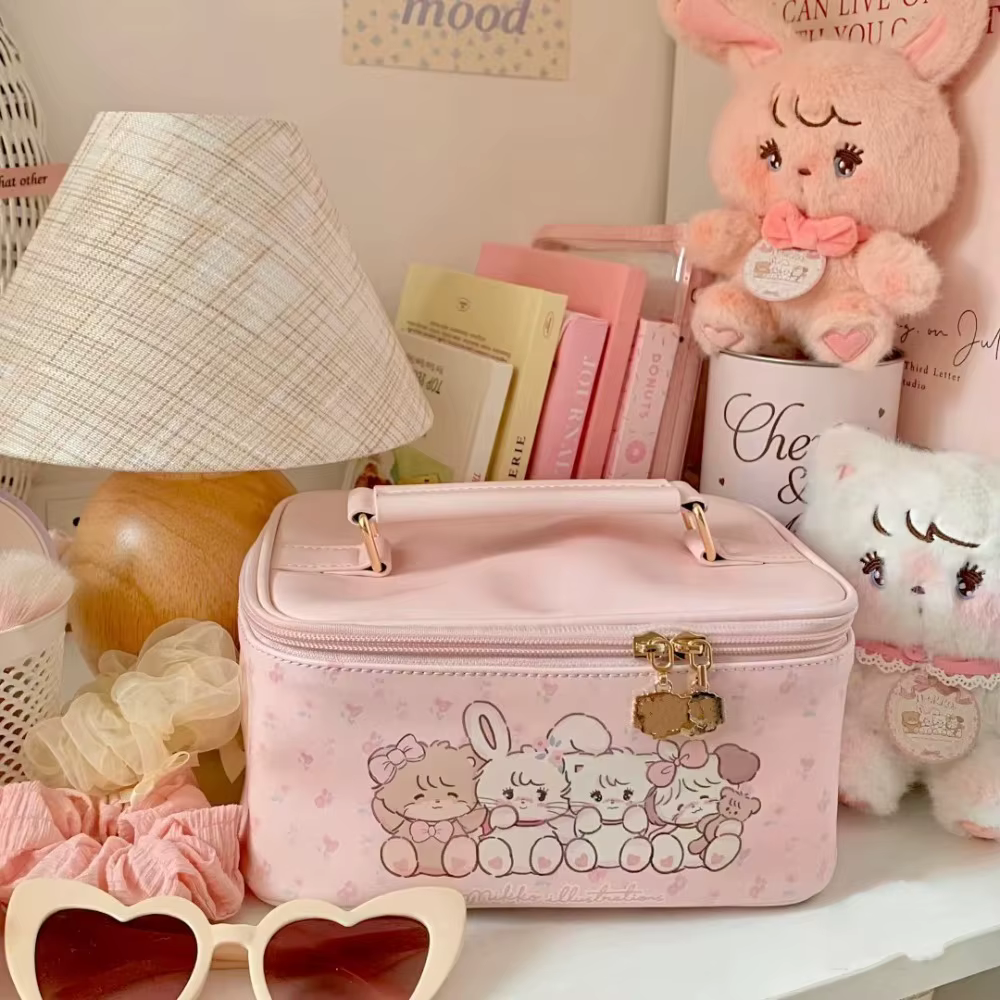 Kawaii Mikko Joint – sac à cosmétiques avec nœud Double couche, mignon cœur Girly, sac de rangement de grande capacité, sac à main cadeau pour filles, nouvelle collection 2023