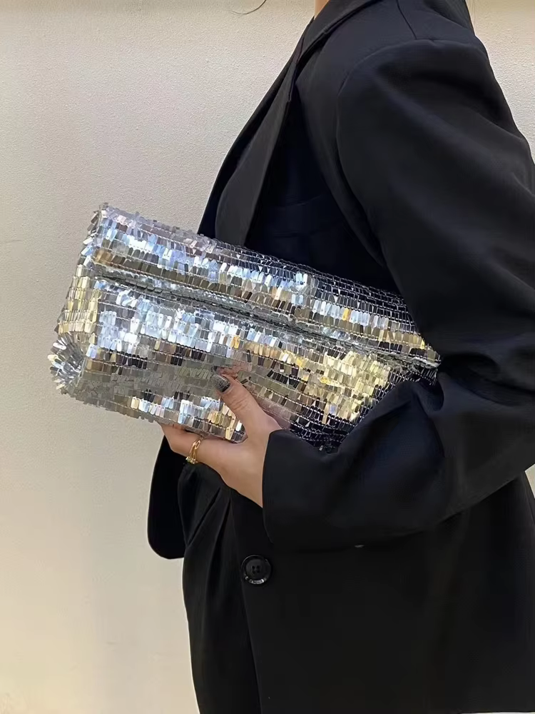 Pochette de soirée argentée pour femmes, sac de luxe de styliste à paillettes brillantes, sac à main de fête de mariage, tendance, portefeuille en métal noir