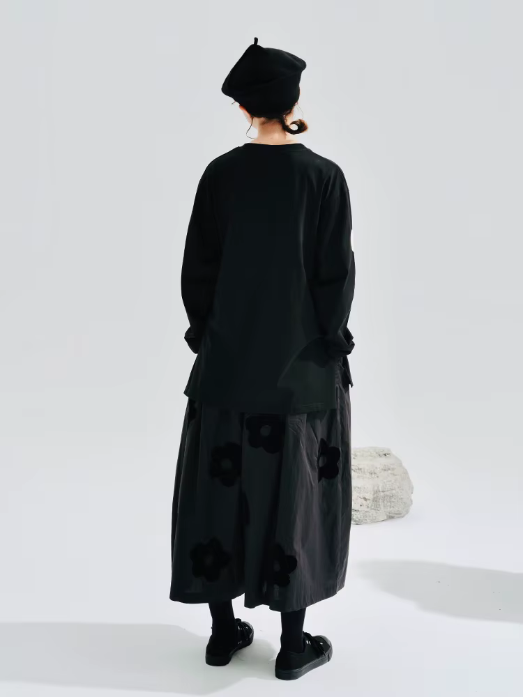 Jupe longue noire pour femmes, pantalon de style, broderie florale, sorties de week-end décontractées, ambiance élégante et mystérieuse, 234234