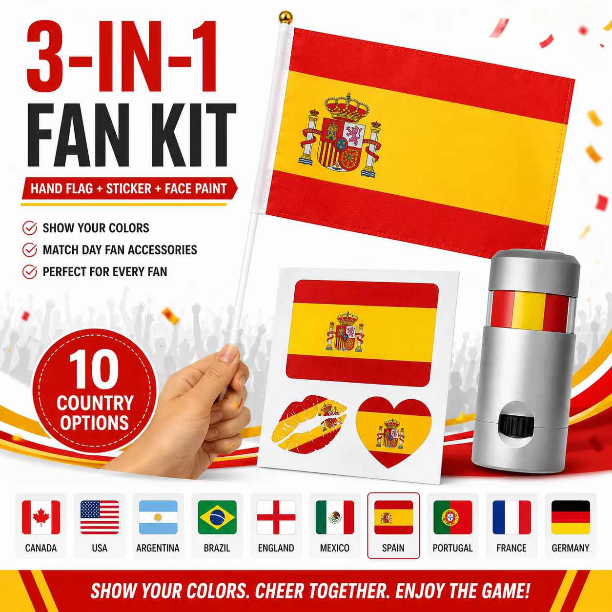 Kit de supporters de football 3 en 1, drapeau à main, autocollants décoratifs temporaires, accessoires pour la fête du jour du match