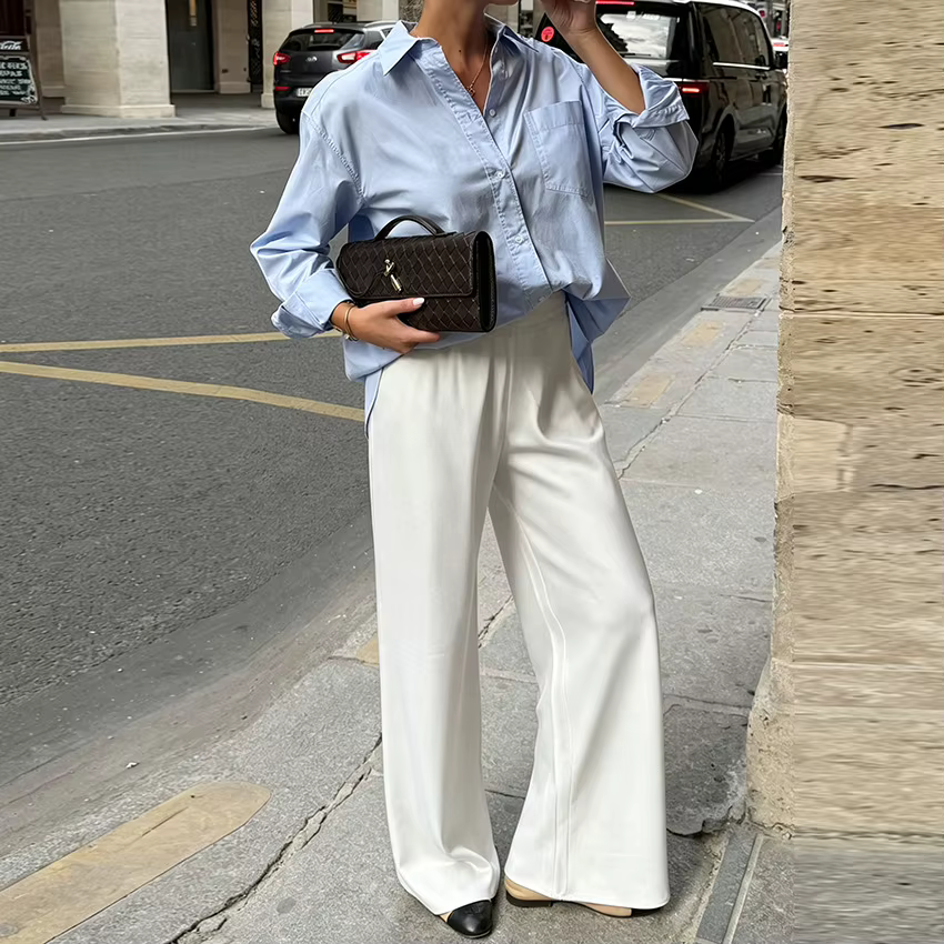 Pantalon large élégant en satin marron pour femme