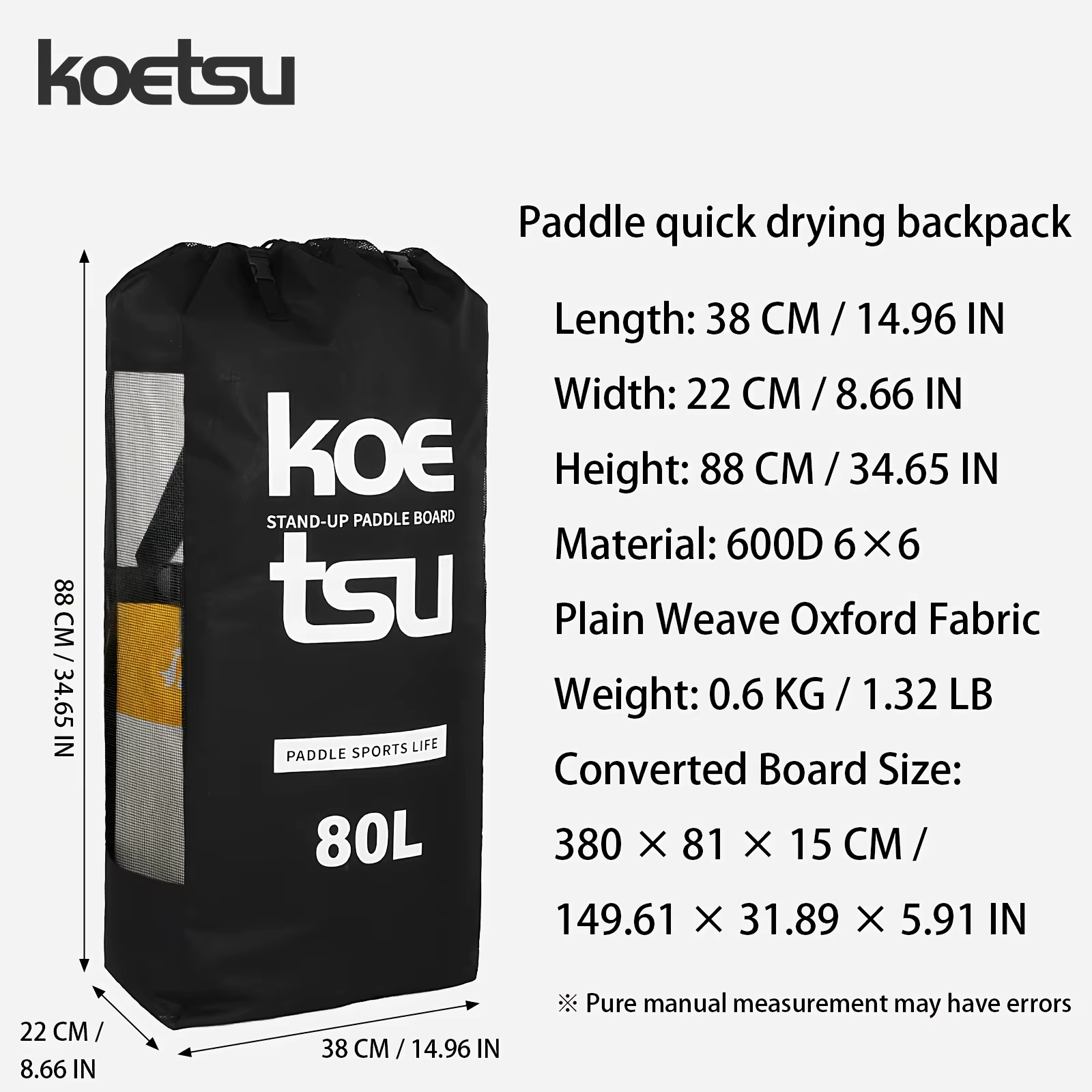KOETSU SUP Sac à dos à séchage rapide Tissu Oxford renforcé noir pour planches à pagaie jusqu'à 3