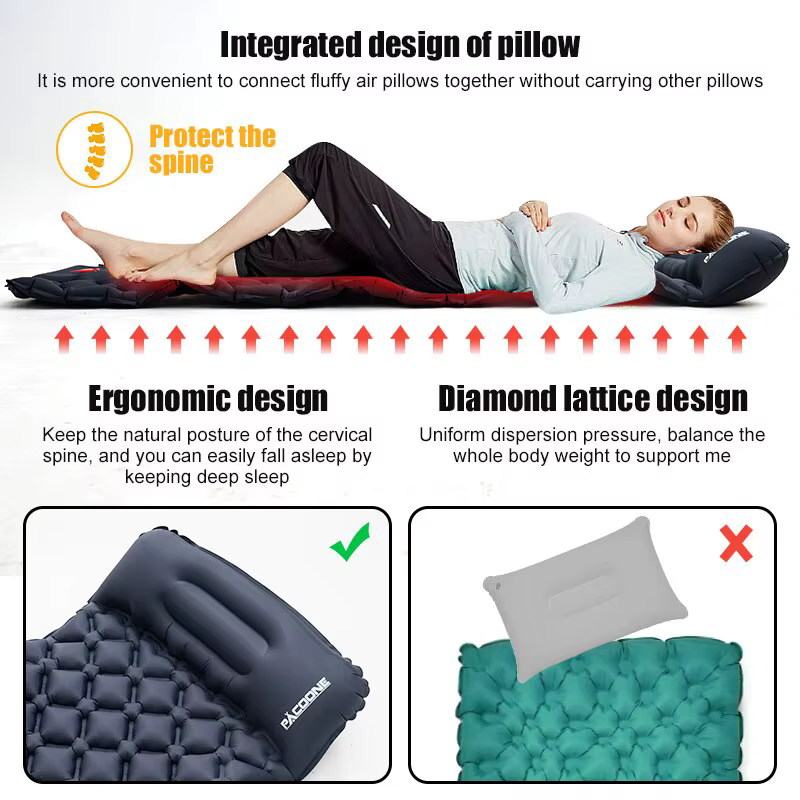 Camping en plein air Gonflable Matelas Couchage Pad Avec Oreillers Ultra Léger Air Mat Intégré Gonfleur Pompe Randonnée