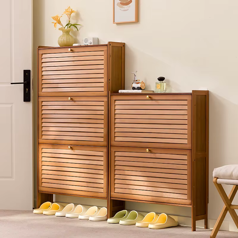 Armoire à chaussures à portes à persiennes en bambou, armoire à chaussures ultra-mince multi-niveaux, armoire à chaussures étroite en bambou, étagère à chaussures murale