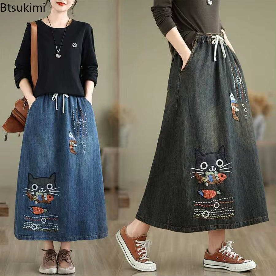Jupes en jean pour femmes 2026, style rétro, broderie d'animaux de dessin animé, jupes mi-longues décontractées, printemps été, taille haute, mode, jupes midi amples