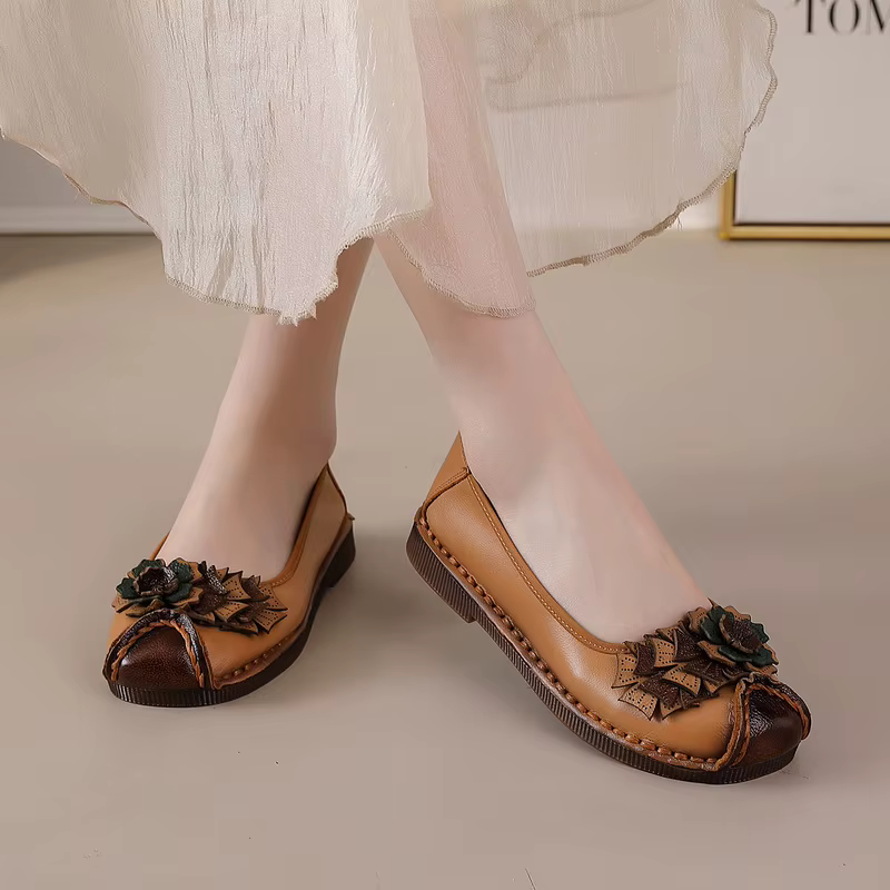 Mocassins Ballerines Vintage Ornés à Motifs Floraux pour Femme, Faits Main en Cuir Véritable, Chaussures de Conduite Exquises à Enfiler, Ballerines Artisanales pour Femme