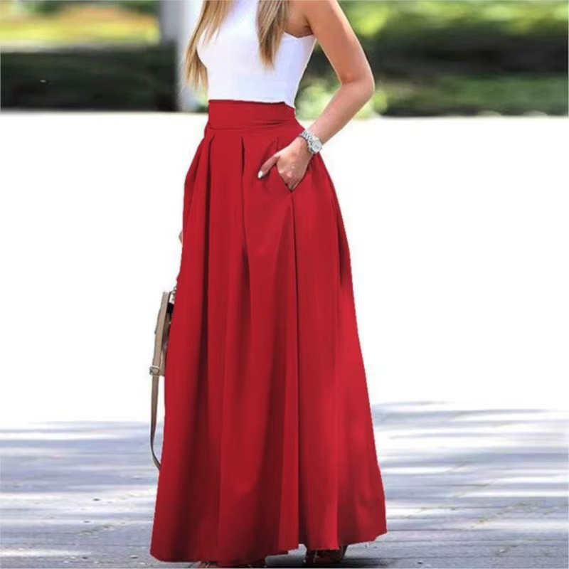 Jupes longues pour femmes printemps été taille haute couleur unie jupe longue femmes poche trajet a-ligne plissée mode jupe longue