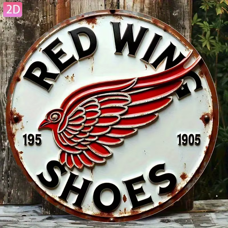 [2D Plat] Panneau mural en métal pour chaussures à ailes rouges vintage – Décor rustique en aluminium avec un design