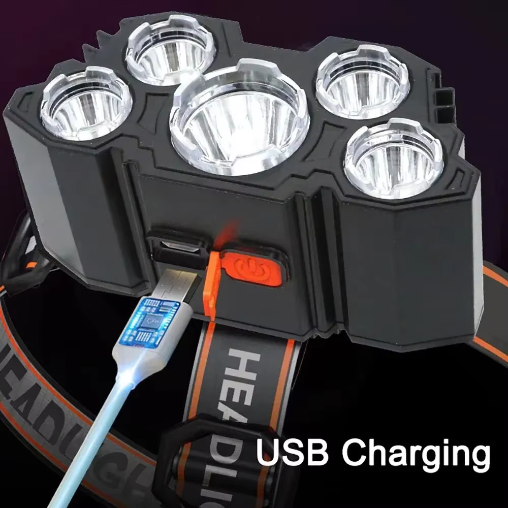 Lampe frontale rechargeable à 5 LED, lumière forte, batterie 18650 intégrée pour Camping, aventure, pêche, mise au point réglable, tête étanche