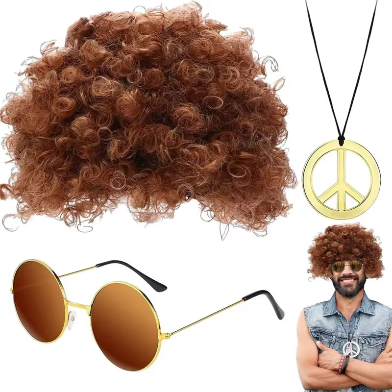 Ensemble de olympiques amusants Hiphelicopter pour hommes, perruque Afro funky, collier de lunettes de soleil, fête à thème des années 50, 60, 70, style des années 80, accessoires de vêtements de fête