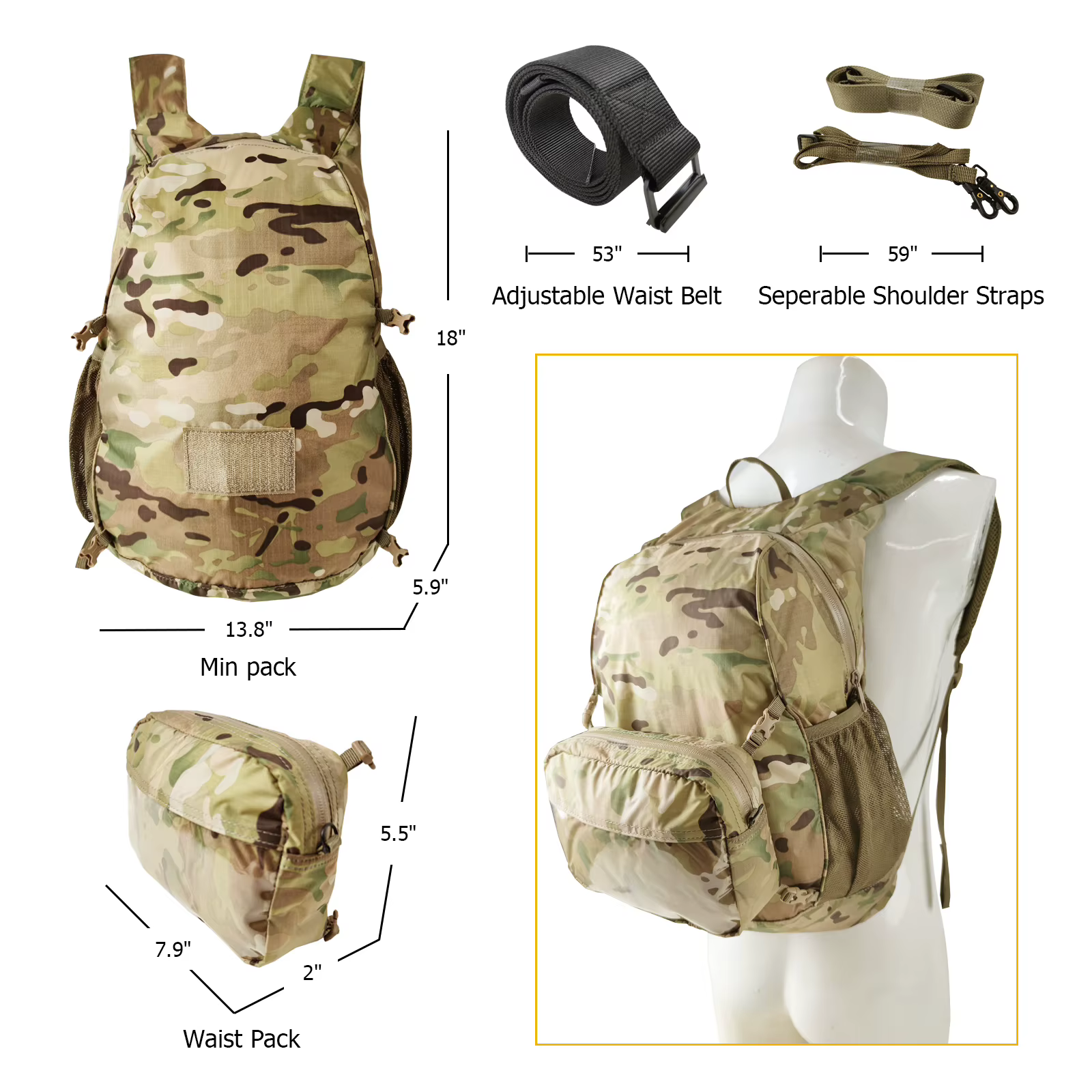 MT militaire pliable Day Pack Portable sac à dos ensemble 30L ultra-léger voyage en plein air randonnée sacs avec ceinture