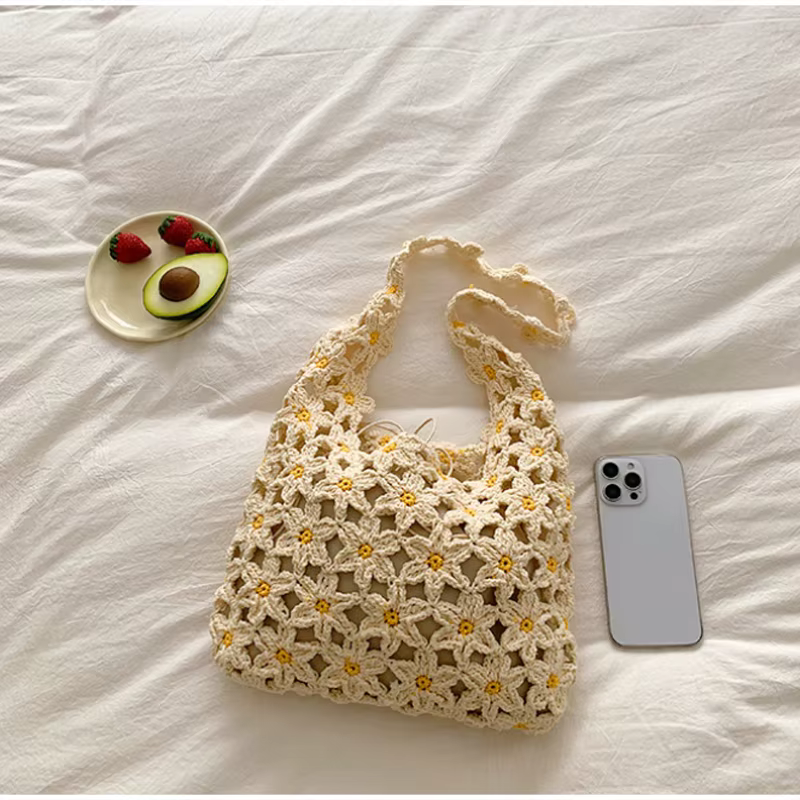 Sac fourre-tout d'été en coton tricoté au crochet fait main, motif floral bohème, sac à bandoulière de plage, sac de vacances, sac de shopping décontracté pour le quotidien