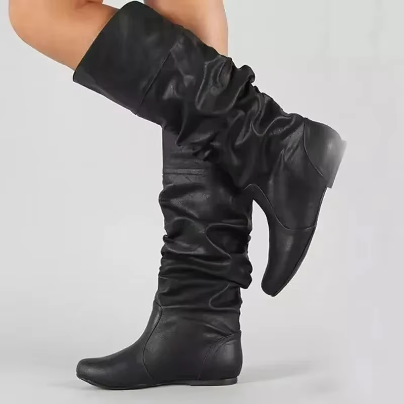 2025 nouvelles femmes bottes plates mode bottes en cuir plissé automne hiver sans lacet mi-mollet chaussures pour femmes marque concepteur bottes hautes
