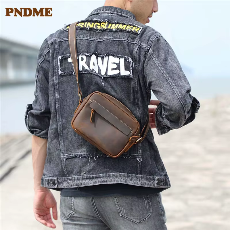 Petit sac à bandoulière en cuir inforvéritable vintage pour hommes, sac à bandoulière en cuir de cheval fou, décontracté, extérieur, luxe, haute qualité