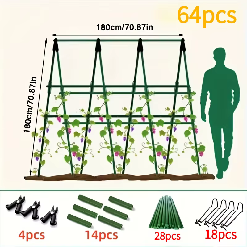 Un total de 64 accessoires pour supports de jardin (28 poteaux + 14 tuyaux de connexion + 18 boucles à ressort + 4 fourches en A) pour support de plantes et de fleurs H0983-57