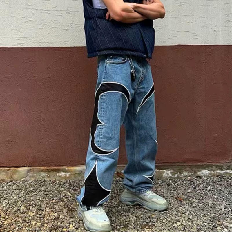 Jean baggy empilé en cuir PU brodé Y2K Kanye 2026 pour homme, vêtements streetwear, pantalon en denim pour femme, pantalon homme