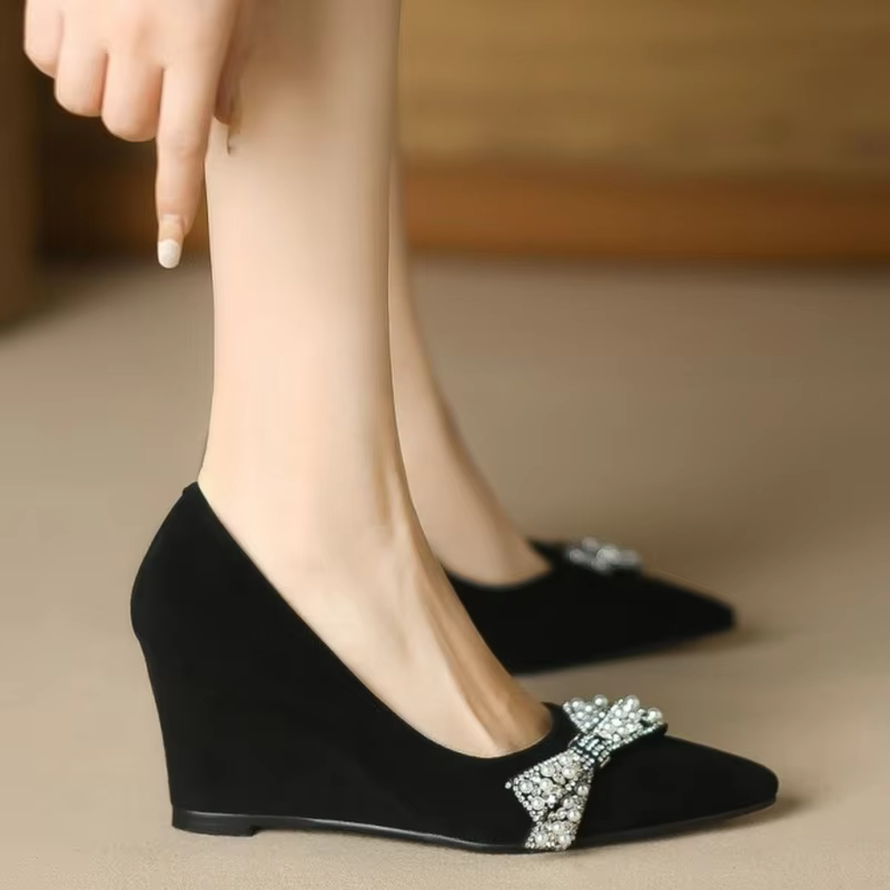 FHC – escarpins en Nubuck pour femmes, chaussures floquées à talons hauts, semelles compensées avec nœud papillon en strass, à enfiler, bout pointu, noir, grande taille, 34-42, livraison directe