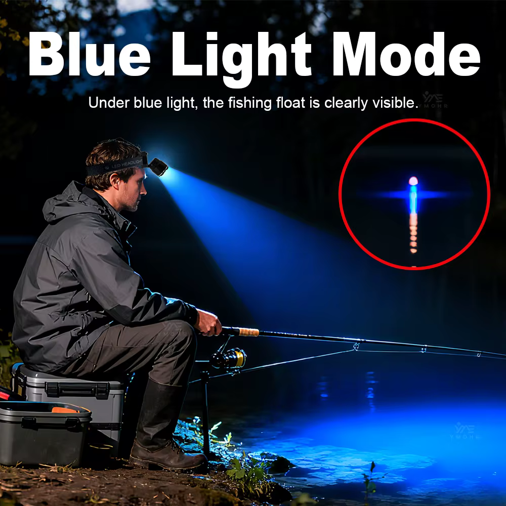 Lampe Frontale de Pêche LED, Détecteur Lumière Bleue, Rechargeable USB, Batterie 18650, Etanche, Mains Libres
