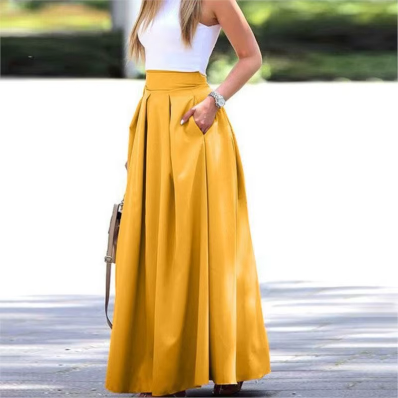 Jupes longues pour femmes printemps été taille haute couleur unie jupe longue femmes poche trajet a-ligne plissée mode jupe longue