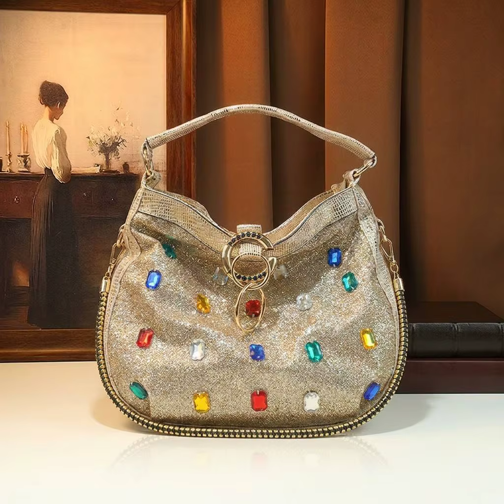 Sac à bandoulière hobo léopard scintillant avec pierres précieuses colorées