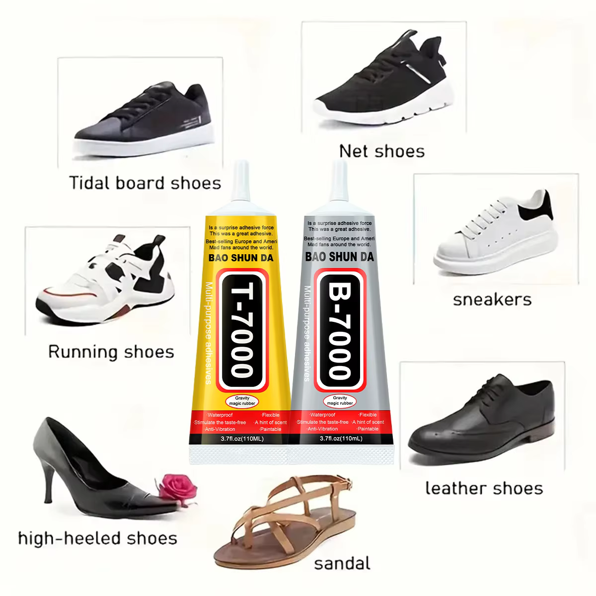 Adhésif transparent B7000, adhésif noir T7000, colle spéciale pour la réparation des chaussures Convient aux chaussures en cuir, baskets, chaussures en mesh, talons hauts, chaussures en toile et matér