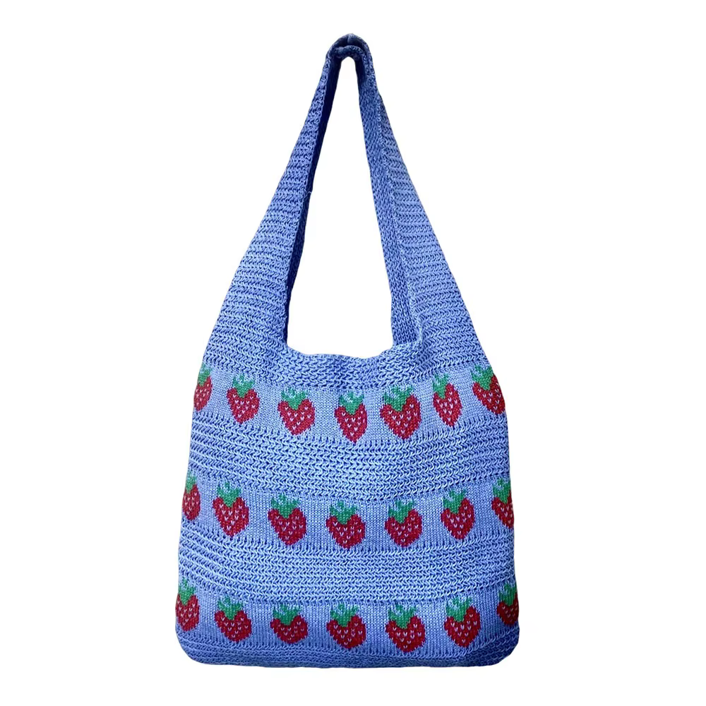 Sac à main tricoté pour femme, motif fraise, grande capacité, sac en crochet durable et léger, sac fraise
