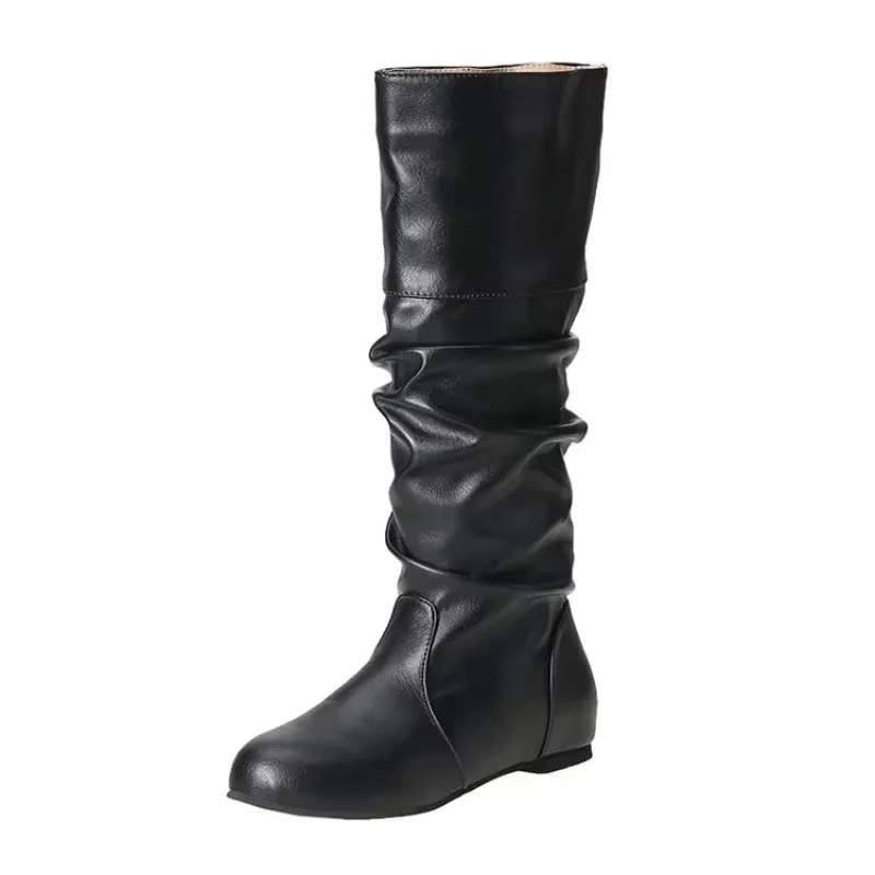 2025 nouvelles femmes bottes plates mode bottes en cuir plissé automne hiver sans lacet mi-mollet chaussures pour femmes marque concepteur bottes hautes