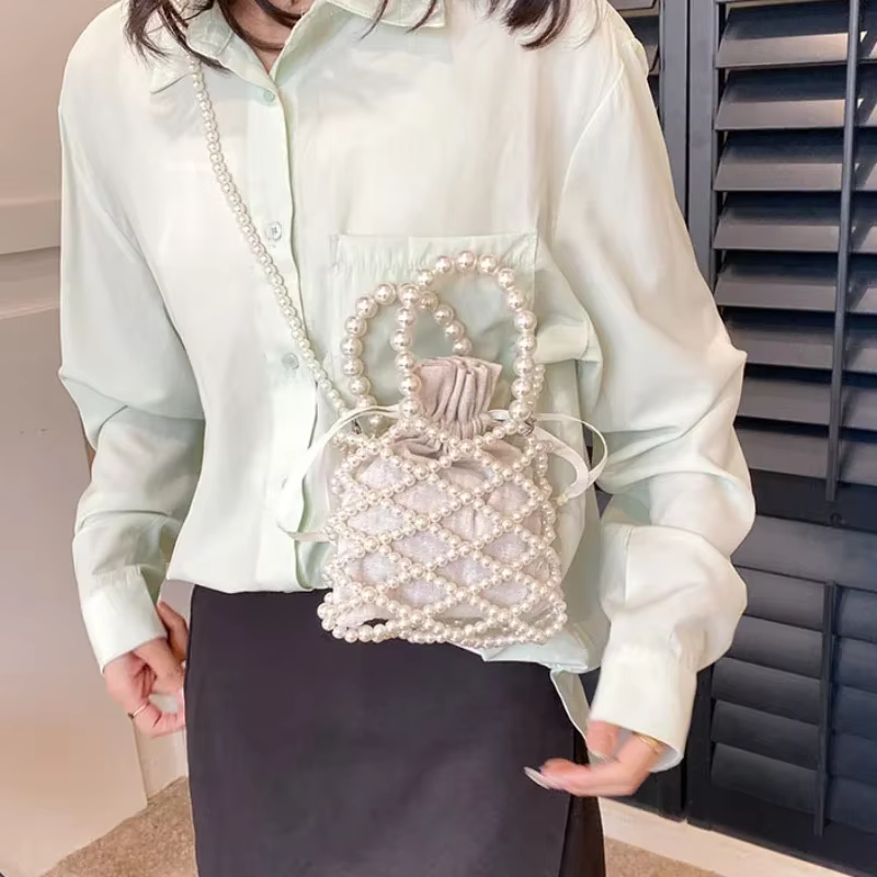 Femmes perle sac petit Mini fourre-tout seau sac tissé bandoulière sacs à main