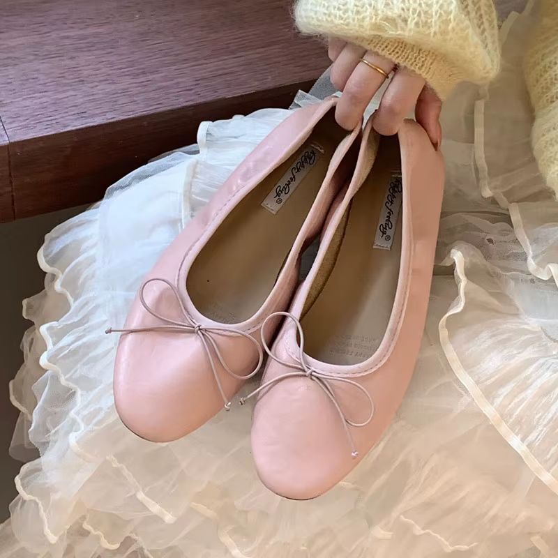 Chaussures plates roses à bout rond pour femmes, chaussures à la mode avec nœud papillon, chaussures plates à enfiler, nouvelle collection printemps-été