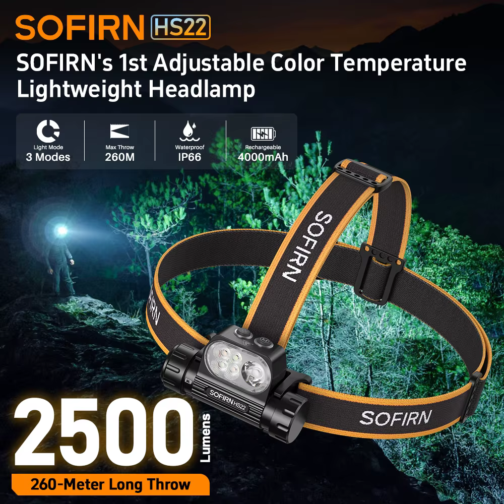 Lampe frontale SOFIRN HS22 2500lm avec réglage progressif de la température de couleur