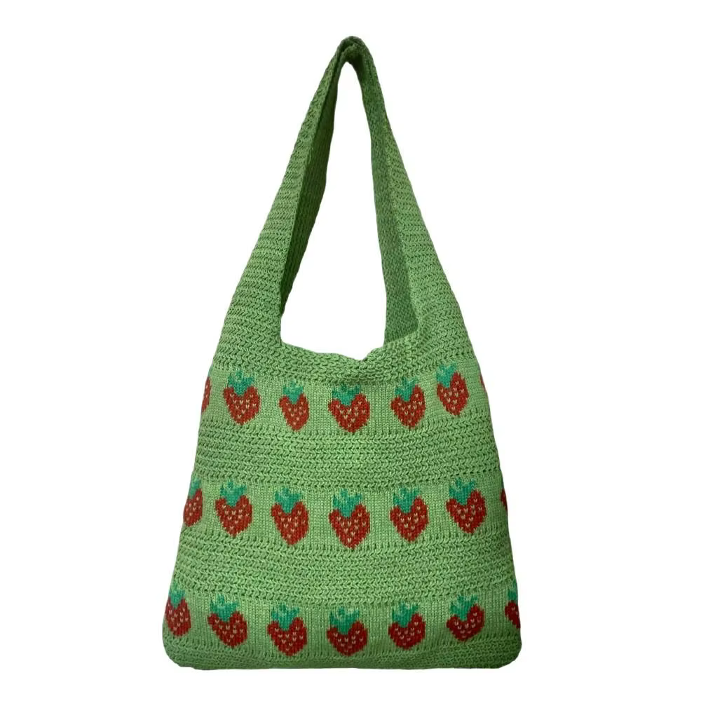 Sac à main tricoté pour femme, motif fraise, grande capacité, sac en crochet léger et durable, sac fourre-tout pour voyage