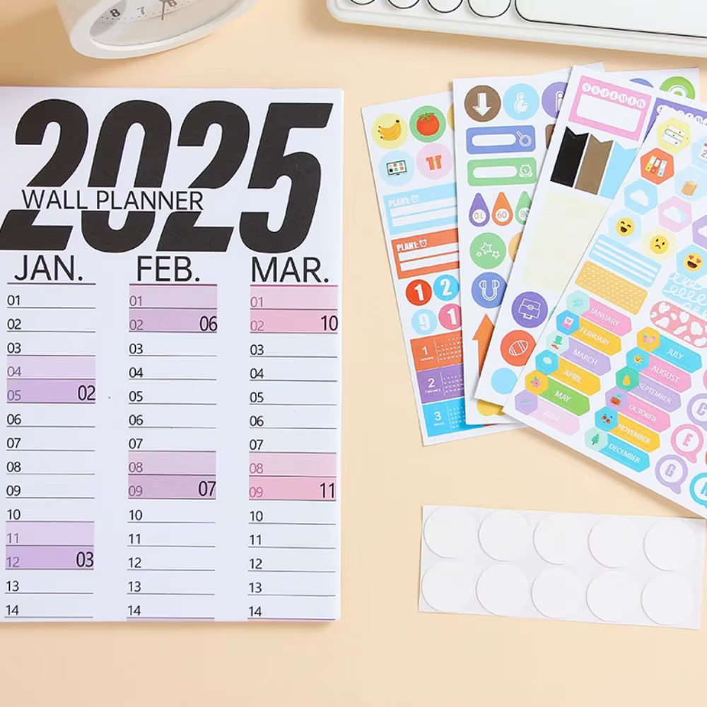 Planificateur pliable 2025 avec autocollants colorés, calendrier mural décoratif en plastique, liste de choses à faire