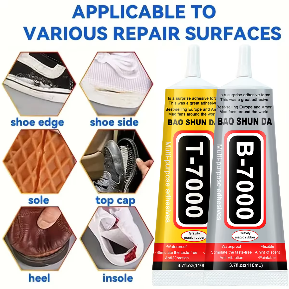 Adhésif transparent B7000, adhésif noir T7000, colle spéciale pour la réparation des chaussures Convient aux chaussures en cuir, baskets, chaussures en mesh, talons hauts, chaussures en toile et matér