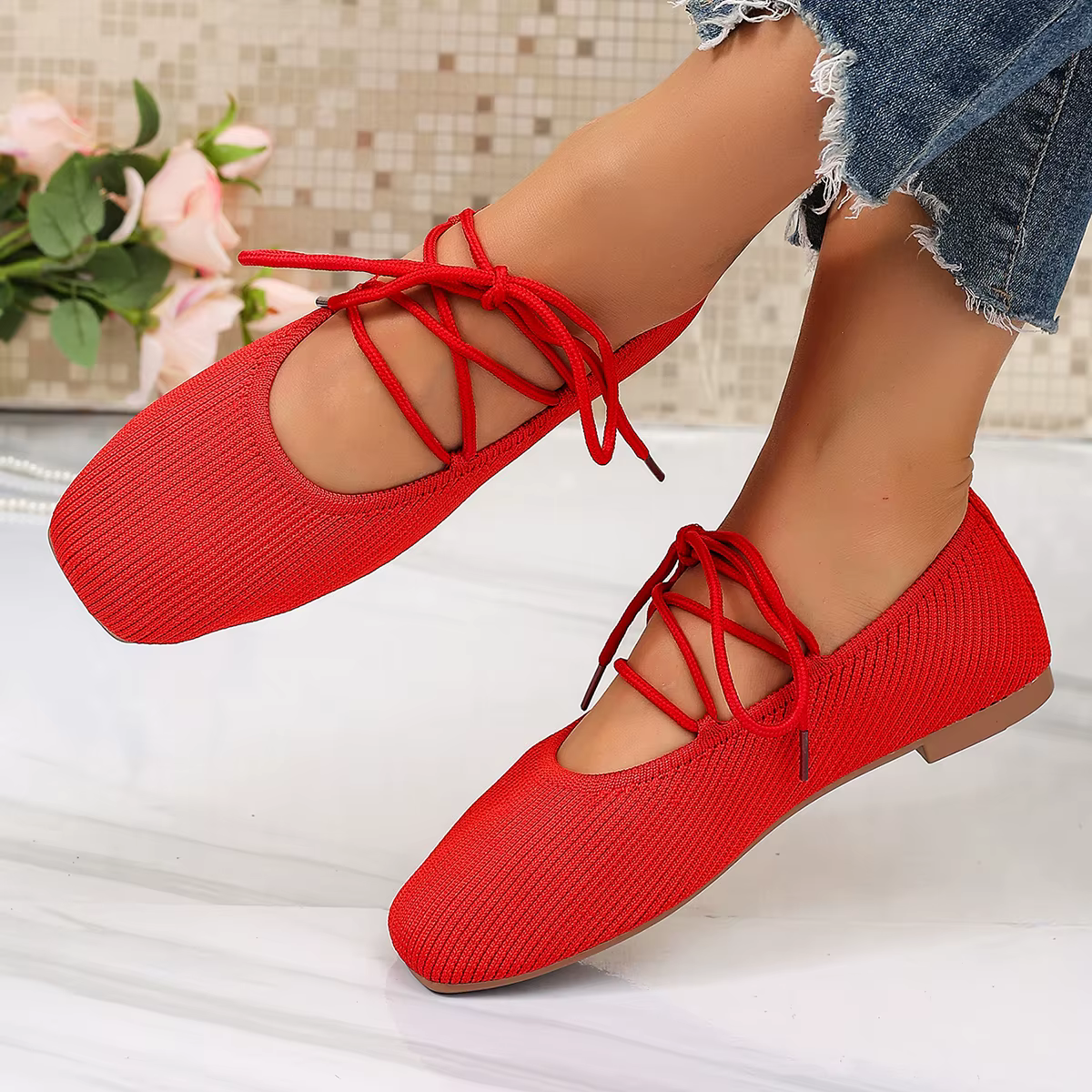 Chaussures plates françaises 2026 – Nouveauté été – Bout rond – Respirantes – Légères – Ballerines tricotées – Décontractées – Confortables – Pour femmes