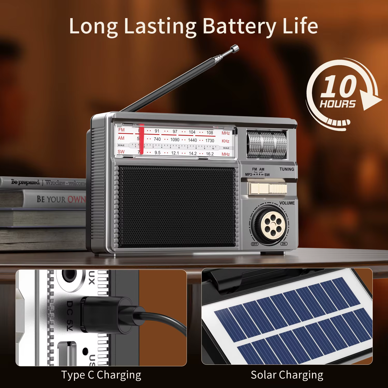 Radio rétro toutes bandes avec connectivité audio sans fil, charge solaire et multimode, batterie longue durée et modes de lecture multiples