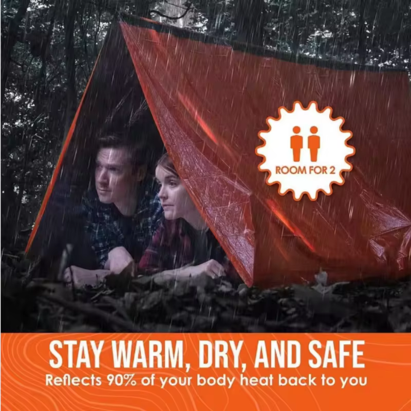 Tente de survie d'urgence en Mylar imperméable et réutilisable pour deux personnes