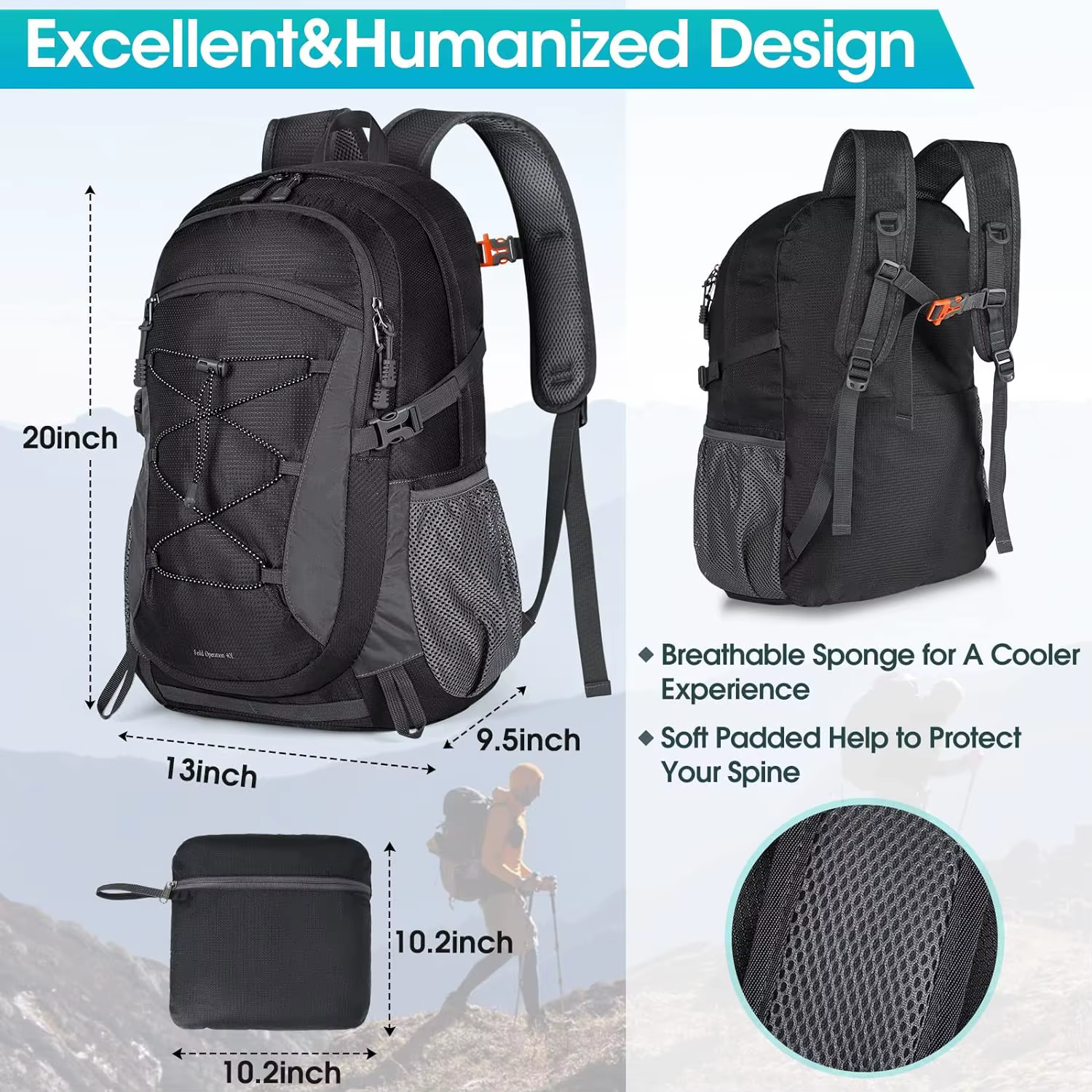 RAINSMORE Sac à dos de randonnée léger 40L Sac à dos de camping étanche Sac à dos pliable pour femmes et hommes Sac à