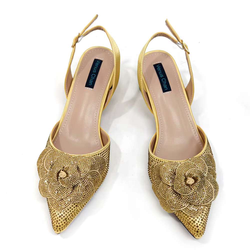 Chaussures et sacs de soirée de conception italienne pour femmes, jumelés à pétales faits à la main, couleur or, chaussures pointues Parker, chaussures à talon moyen, chaussures de fête