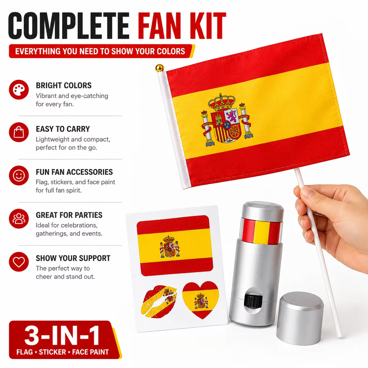 Kit de supporters de football 3 en 1, drapeau à main, autocollants décoratifs temporaires, accessoires pour la fête du jour du match