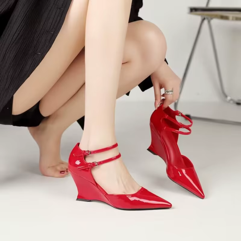 Sandales pointues à talons compensés pour femmes, chaussures en cuir, talons hauts, rouge, élégant, été, nouveau, 2024, 2024